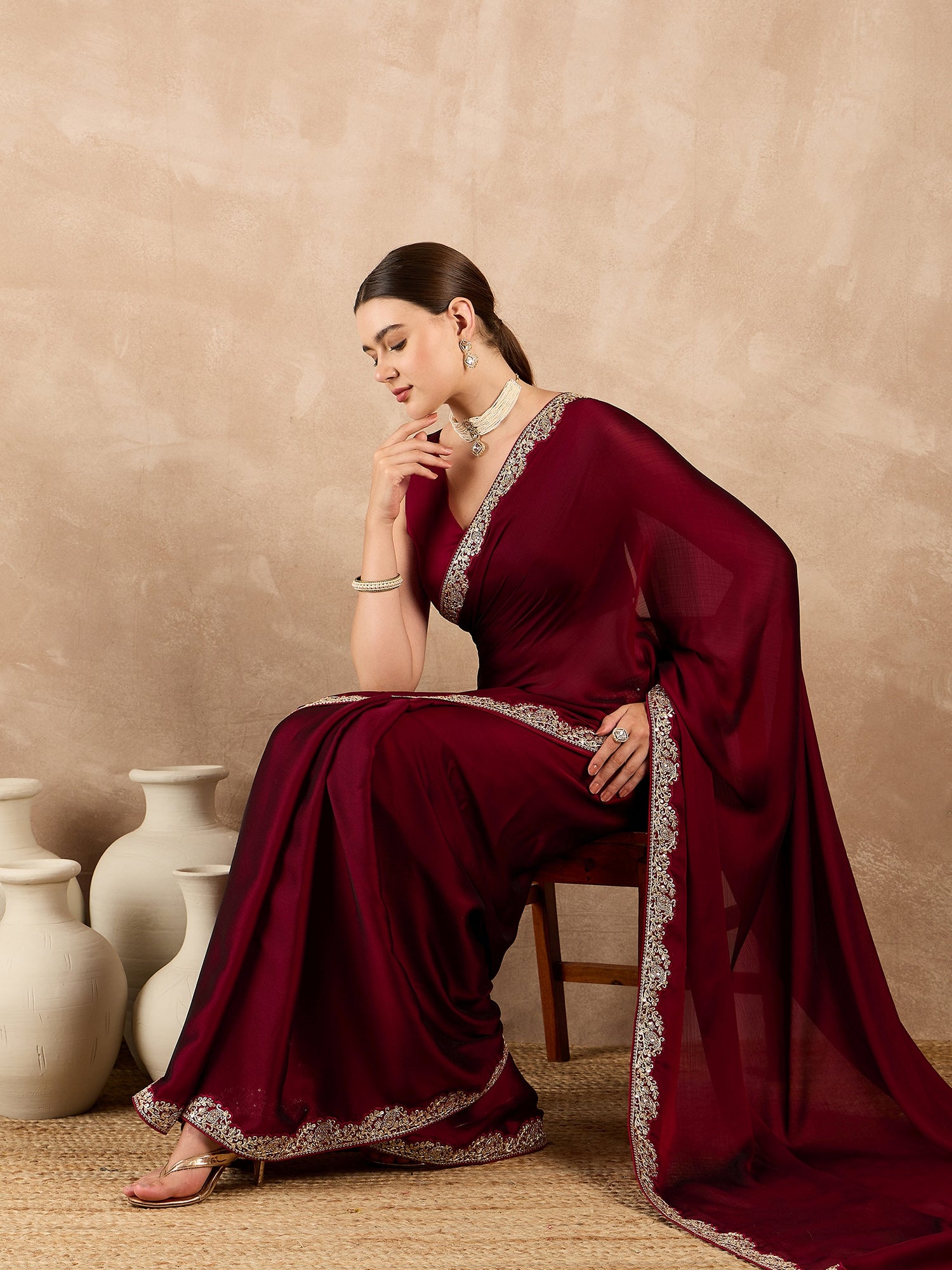 Maroon Satin Solid With Embroidered Border Saree with Unstitched Fancy Blouse