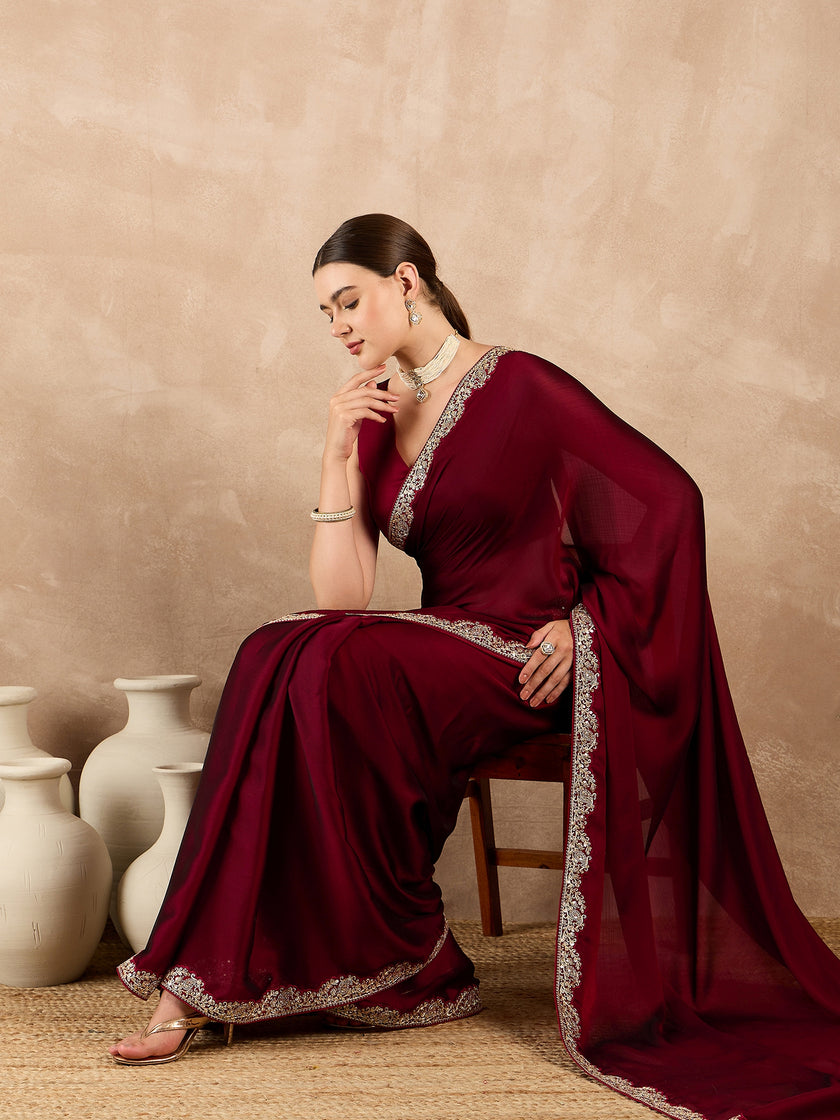 Maroon Satin Solid With Embroidered Border Saree with Unstitched Fancy Blouse