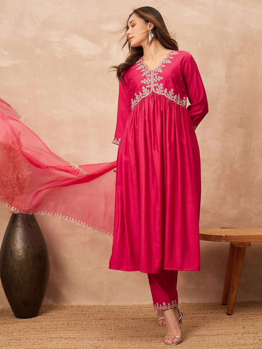 Red Silk Blend Solid A-Line Kurta Trouser with Dupatta