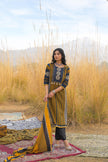 Mustard Pure Cotton Ajrakh Printed A-Line Kurta Trouser With Dupatta