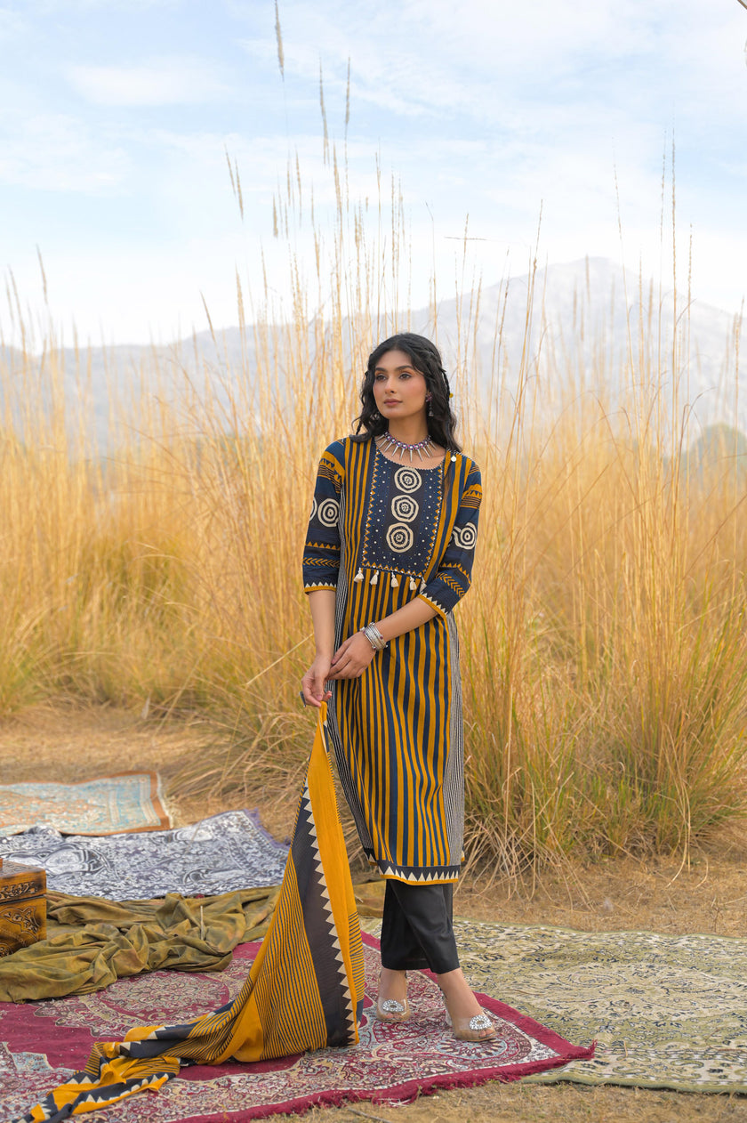 Mustard Pure Cotton Ajrakh Printed A-Line Kurta Trouser With Dupatta
