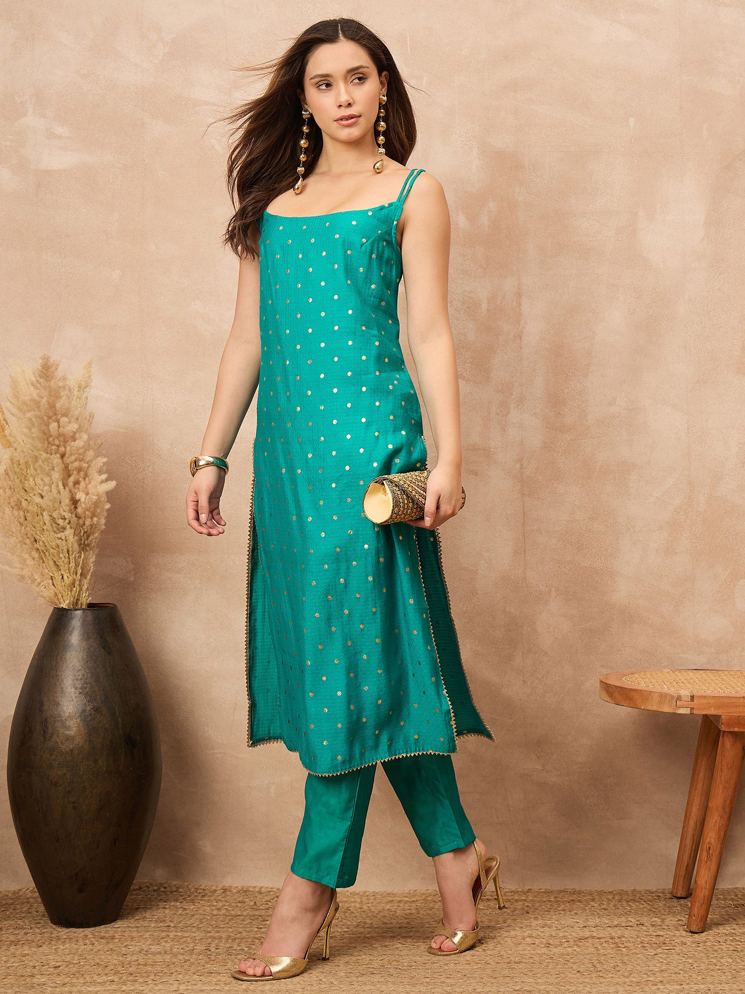 Teal Silk Blend Printed A-Line Kurta Trouser