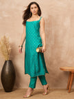 Teal Silk Blend Printed A-Line Kurta Trouser