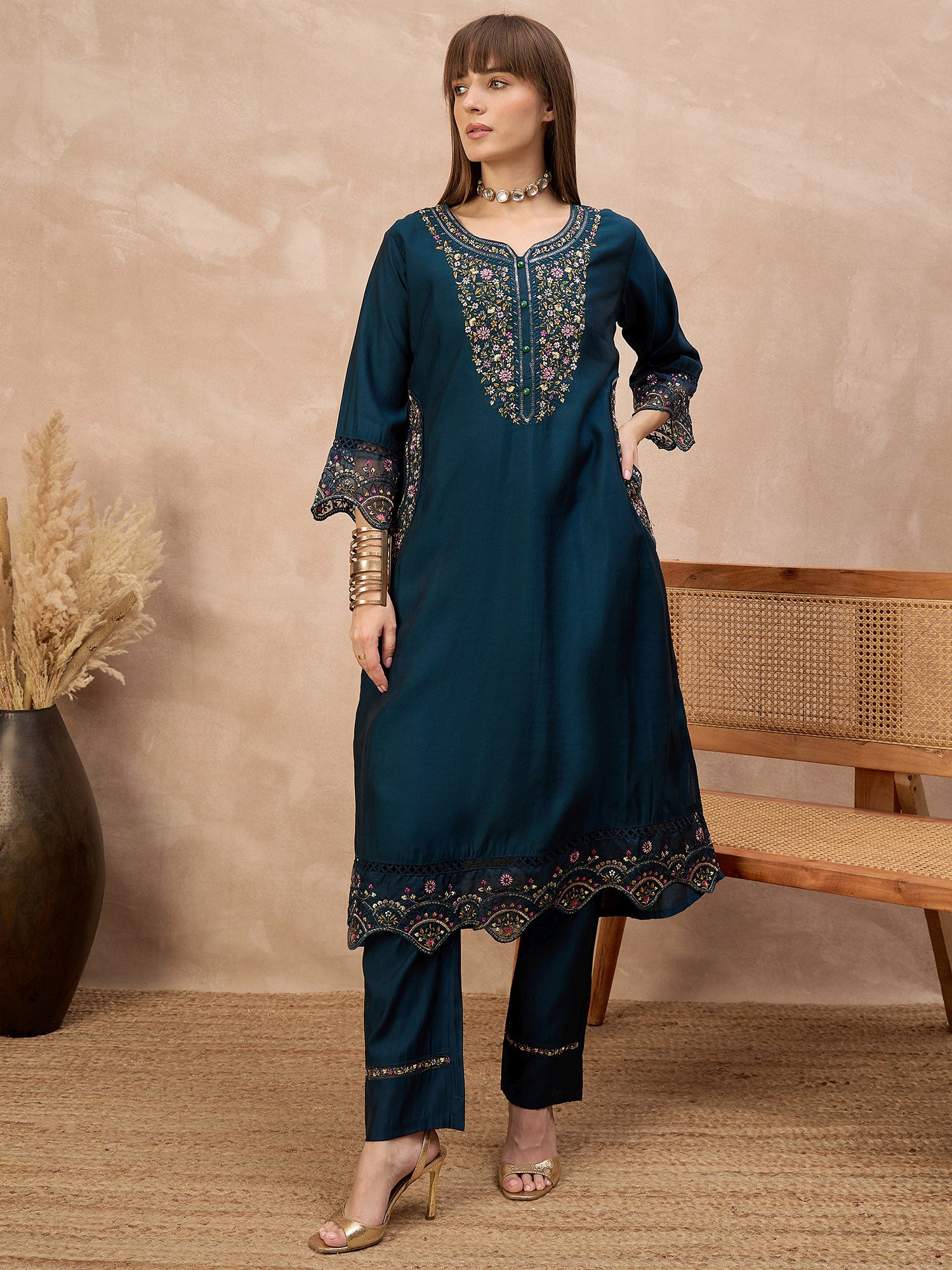 Blue Pure Cotton Beads & Stone Embroidered With Buttons A-Line Kurta Trouser With Printed Dupatta