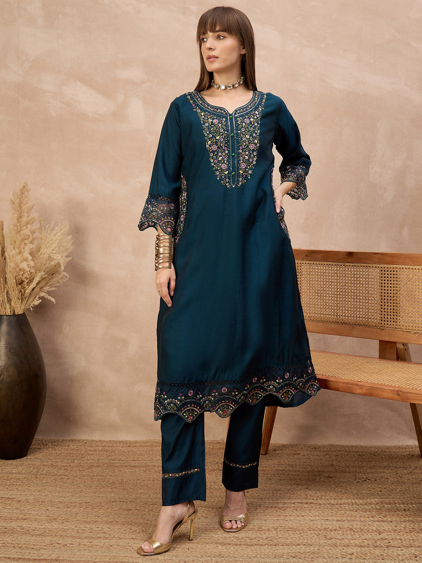 Blue Pure Cotton Beads & Stone Embroidered With Buttons A-Line Kurta Trouser With Printed Dupatta