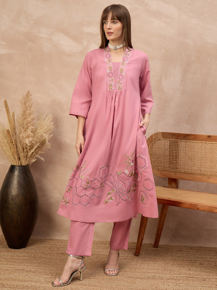 Peach Pure Cotton Floral & Geometric Embroidered A-Line Kurta Trouser With Dupatta