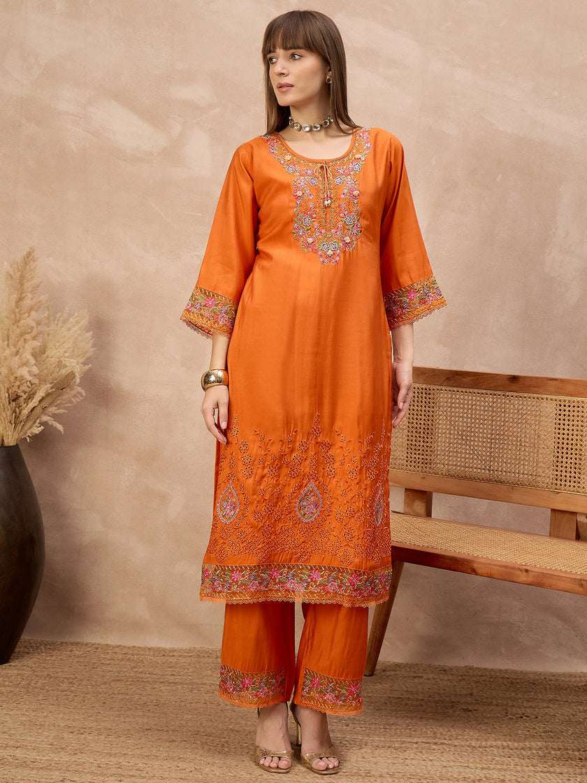 Orange Pure Cotton Beads & Stone Embroidered A-Line Kurta Trouser With Printed Dupatta