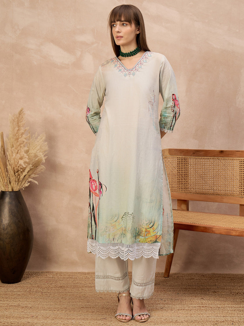 Multi Pure Cotton Digital Printed A-Line Kurta Trouser With Printed Dupatta