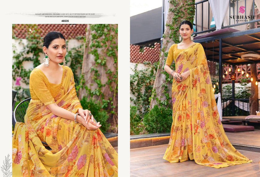 Kalyani-4 : Soft Georgette With Piping Border Floral Printed Saree with Printed Blouse