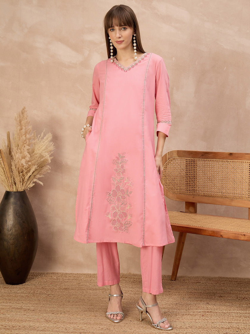 Pink Pure Cotton Floral Embroidered A-Line Kurta Trouser With Dupatta