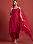 Red  Silk Blend Printed A-Line Kurta  Trouser