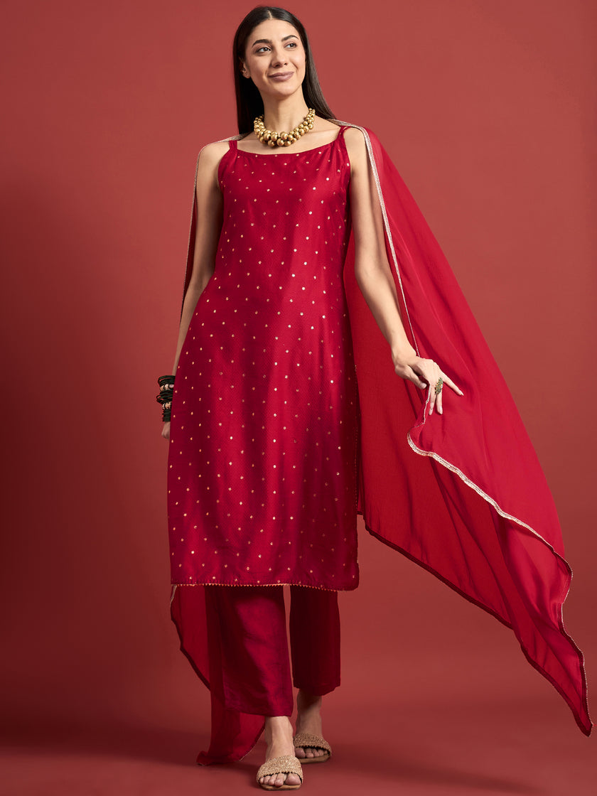 Red  Silk Blend Printed A-Line Kurta  Trouser