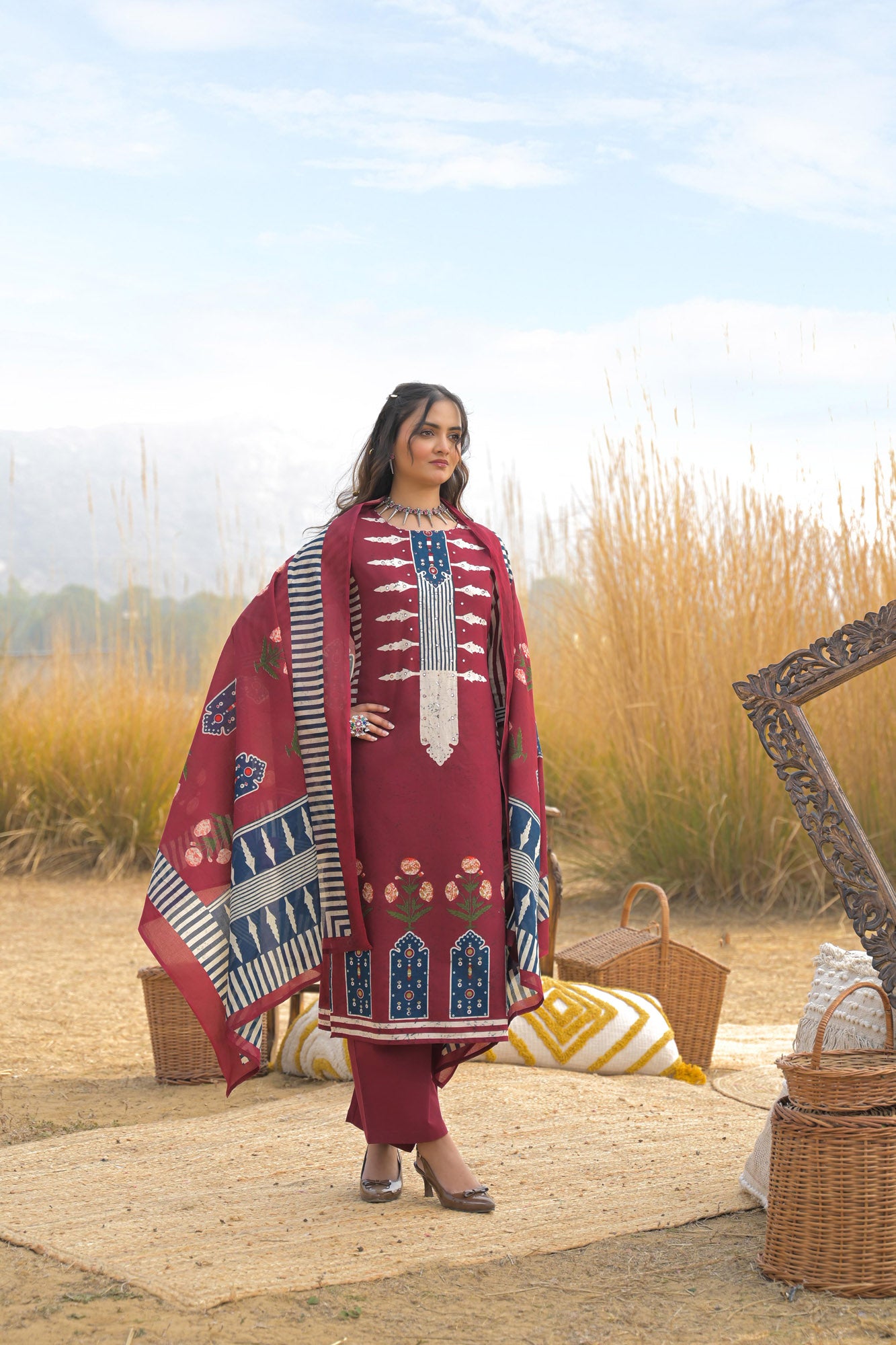 Red Pure Cotton Ajrakh Printed A-Line Kurta Trouser With Dupatta