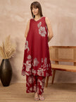 Maroon Pure Cotton Floral Printed A-Line Sleeveless Kurta Trouser With Printed Dupatta