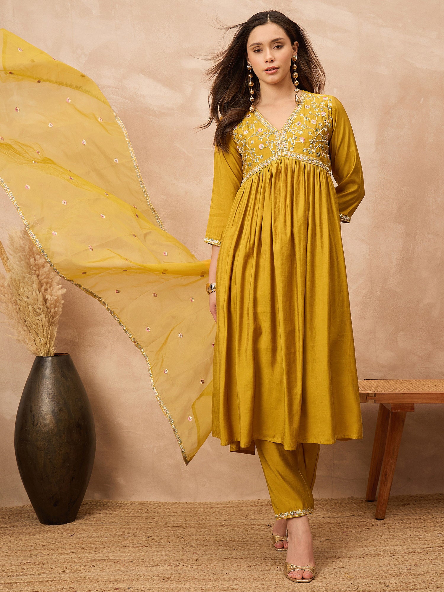Mustard Silk Blend Solid A-Line Kurta Trouser with Dupatta