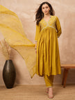 Mustard Silk Blend Solid A-Line Kurta Trouser with Dupatta