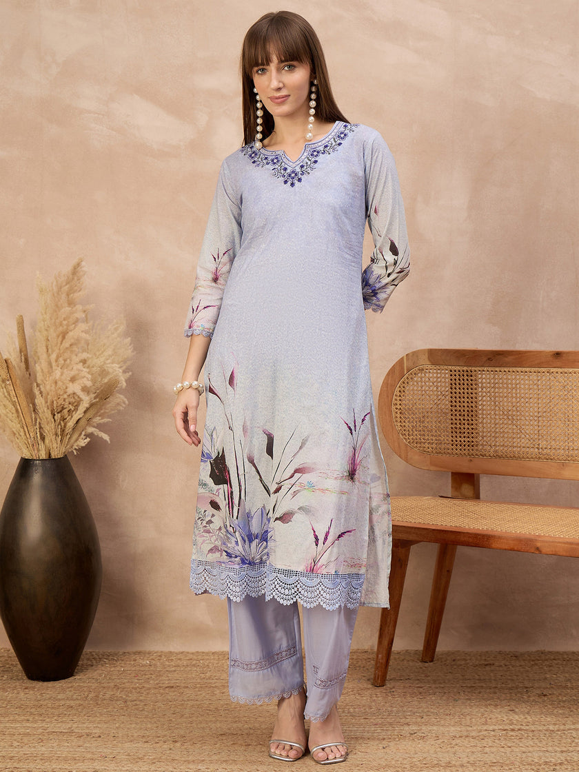 Multi Pure Cotton Digital Printed A-Line Kurta Trouser With Printed Dupatta