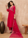 Pink Silk Blend Solid A-Line Kurta Trouser with Dupatta