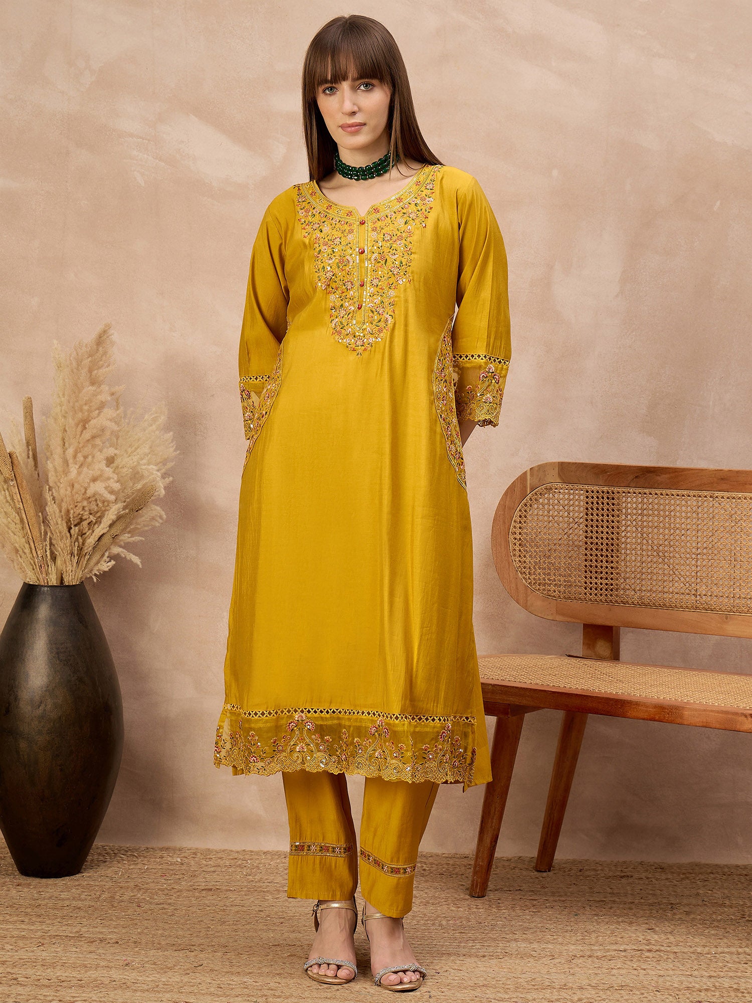 Gold Pure Cotton Beads & Stone Embroidered With Buttons A-Line Kurta Trouser With Printed Dupatta