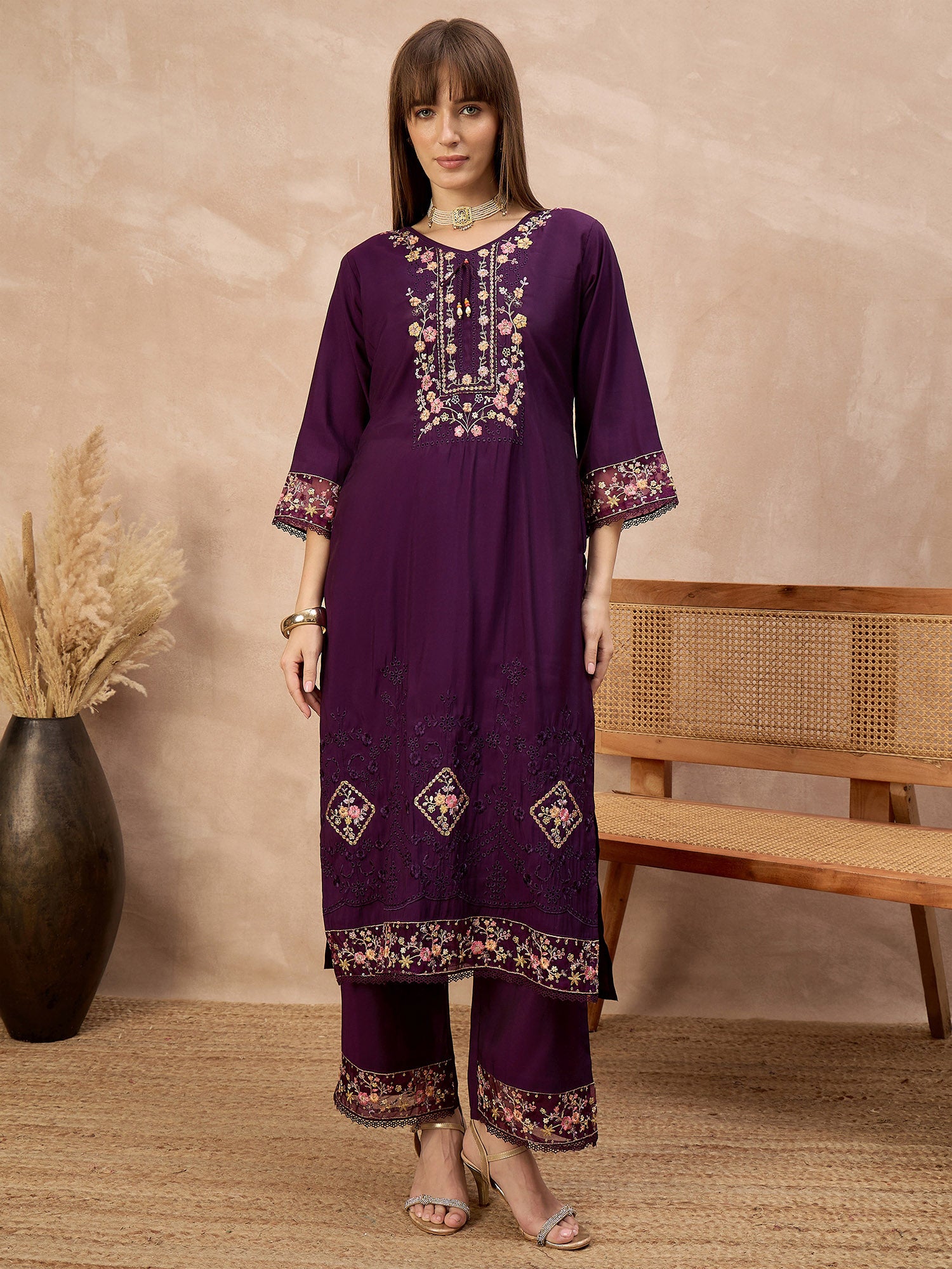Purple Pure Cotton Beads & Stone Embroidered A-Line Kurta Trouser With Printed Dupatta