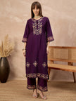 Purple Pure Cotton Beads & Stone Embroidered A-Line Kurta Trouser With Printed Dupatta