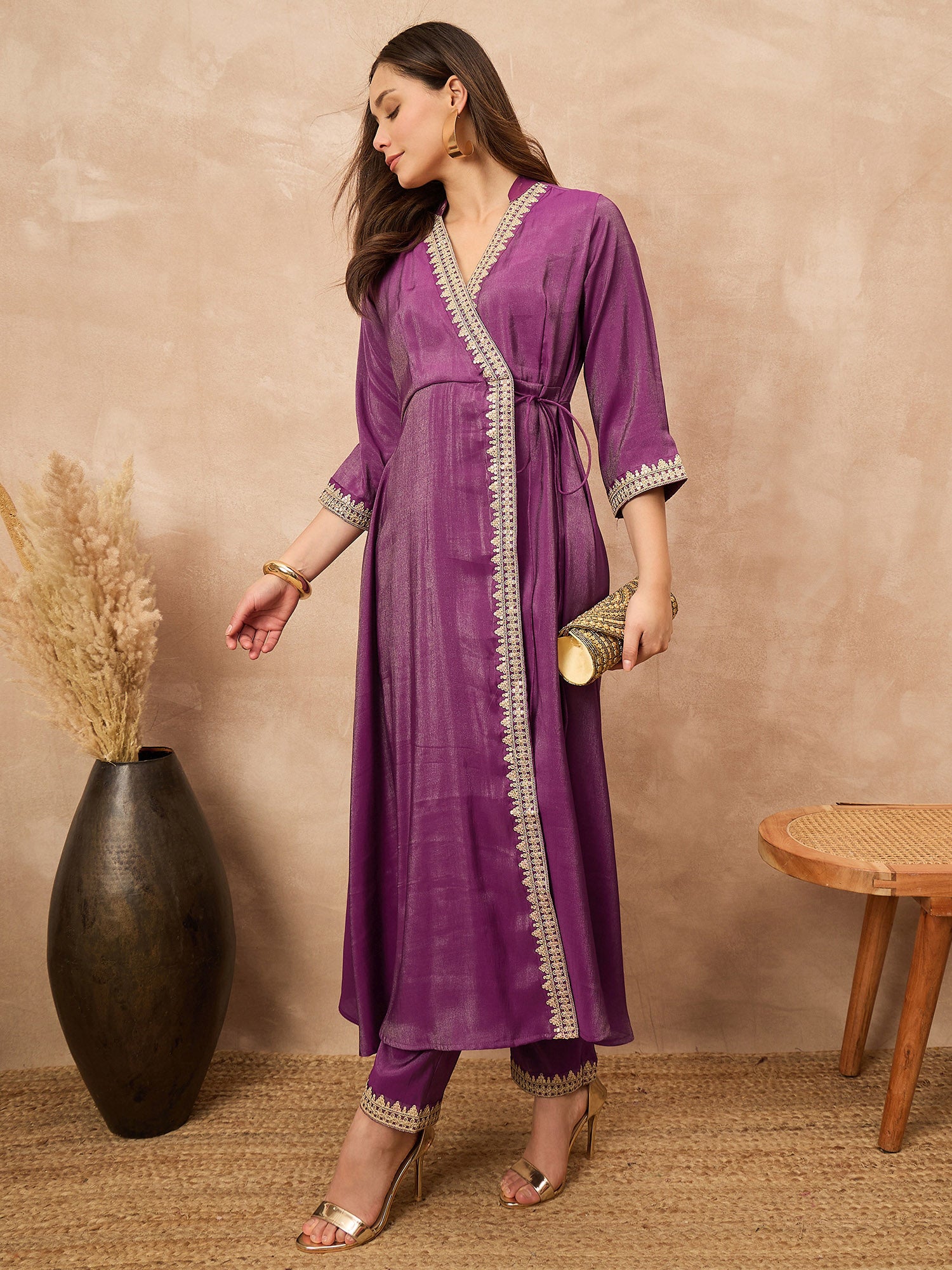 Purple Chanderi Silk Solid A-Line Kurta Trouser
