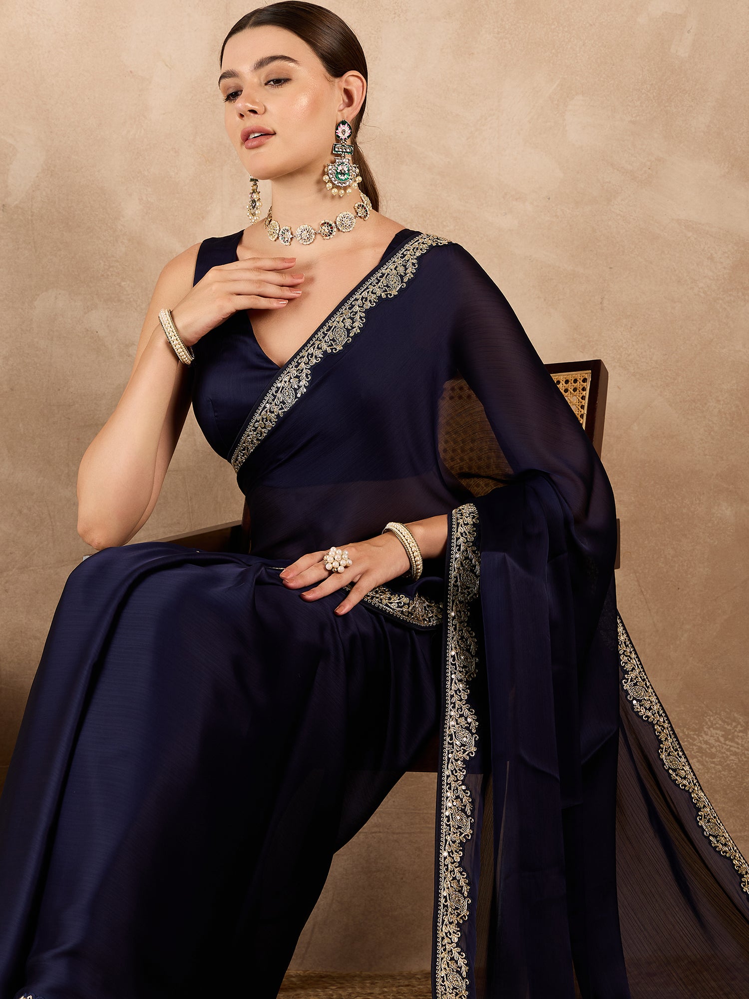Blue Satin Solid With Embroidered Border Saree with Unstitched Fancy Blouse