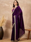 Purple Satin Solid with Coding Cut Work Border Saree with Unstitched Blouse