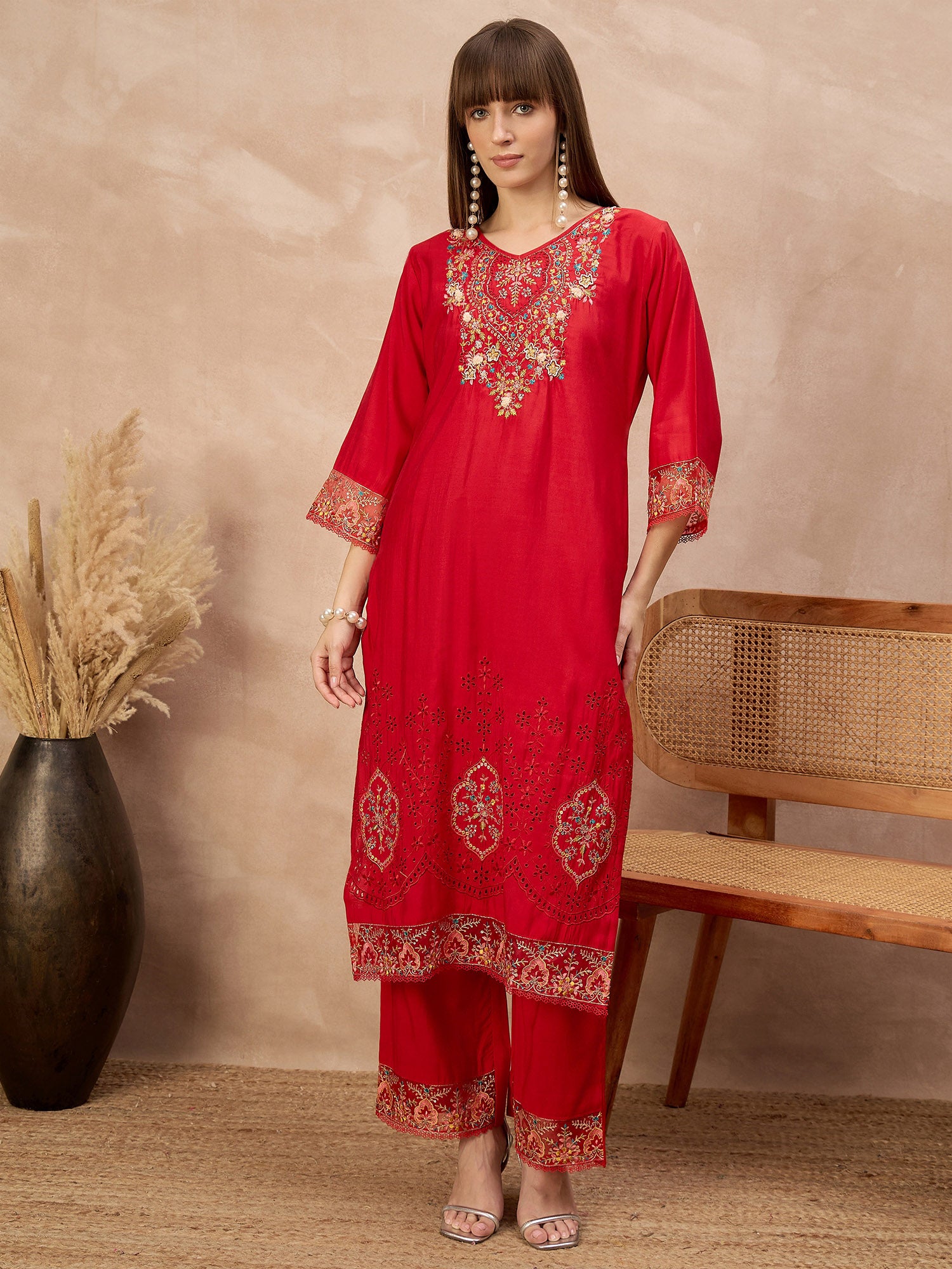 Red Pure Cotton Beads & Stone Embroidered A-Line Kurta Trouser With Printed Dupatta