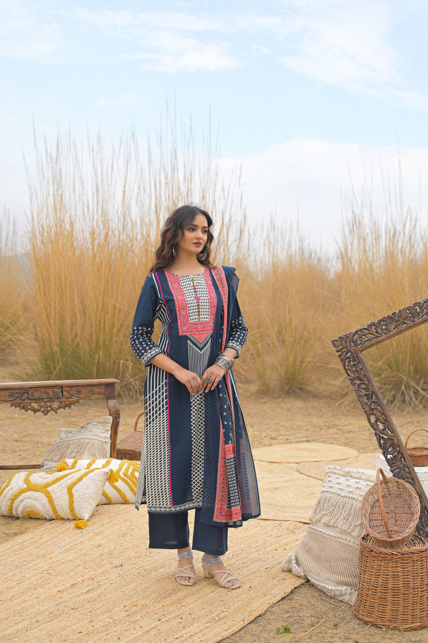 Blue Pure Cotton Ajrakh Printed A-Line Kurta Trouser With Dupatta