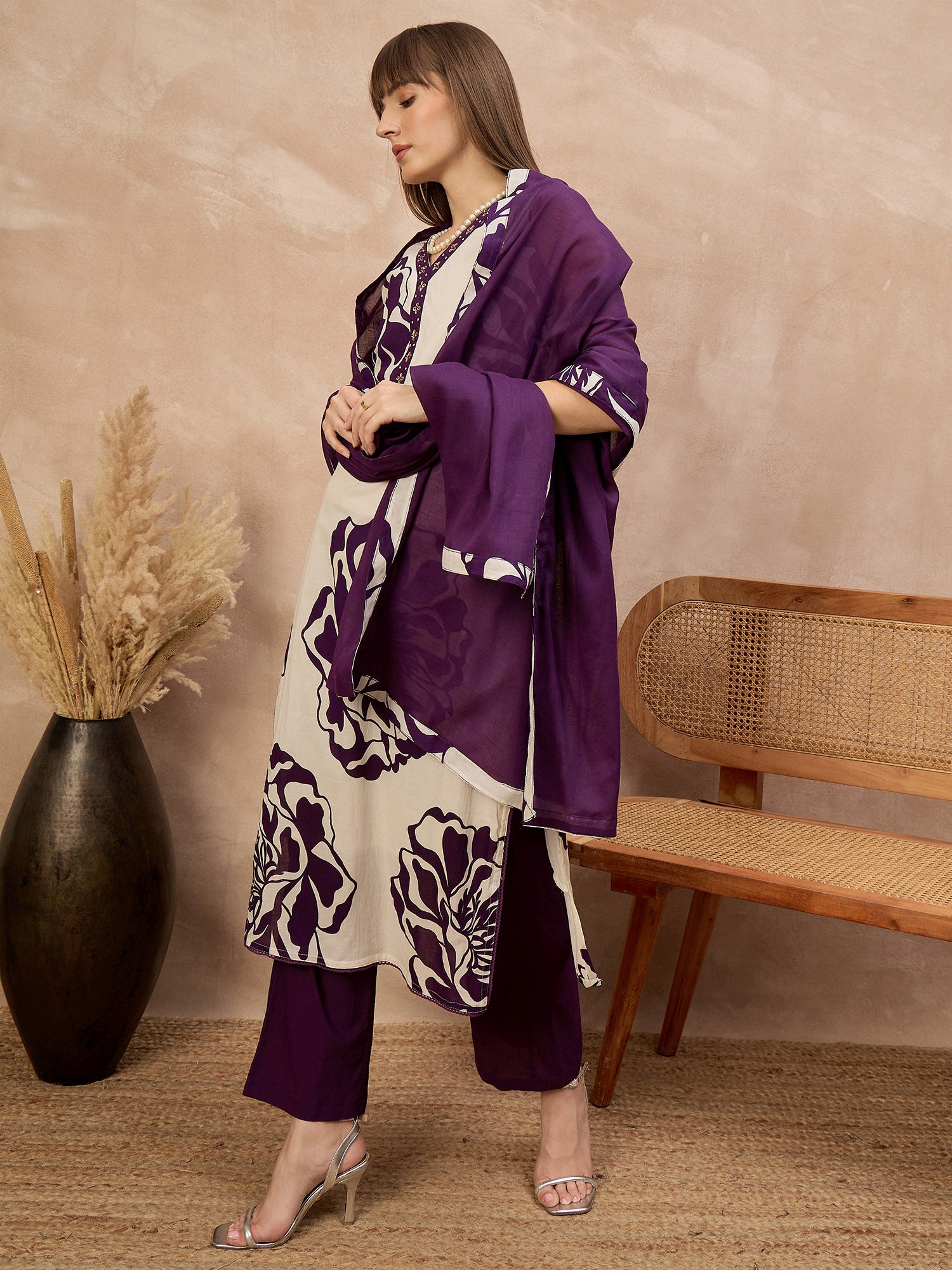 Purple Pure Floral Cotton Printed A-Line Sleeveless Kurta Trouser With Dupatta