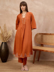 Rust Pure Cotton Geometric Embroidered A-Line Kurta Trouser With Dupatta