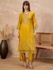 Gold Pure Cotton Beads & Stone Embroidered A-Line Kurta Trouser With Printed Dupatta
