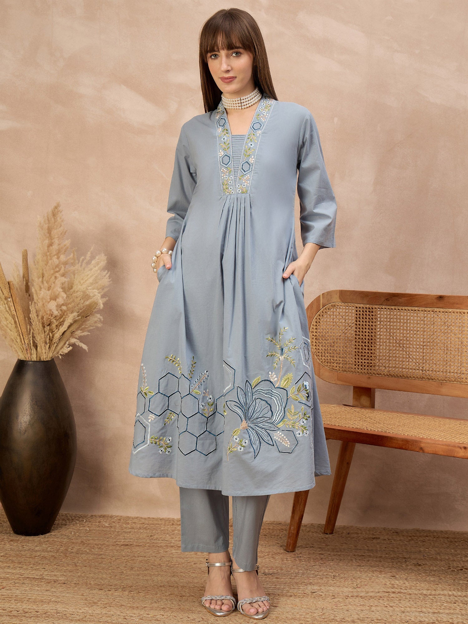 Grey Pure Cotton Floral & Geometric Embroidered A-Line Kurta Trouser With Dupatta