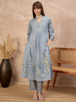 Grey Pure Cotton Floral & Geometric Embroidered A-Line Kurta Trouser With Dupatta
