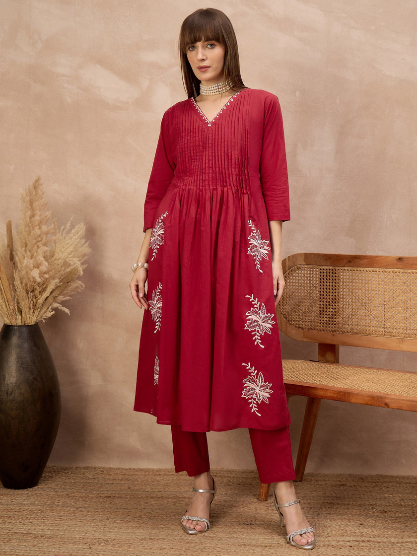 Red Pure Cotton Embroidered Pleated A-Line Kurta Trouser With Dupatta
