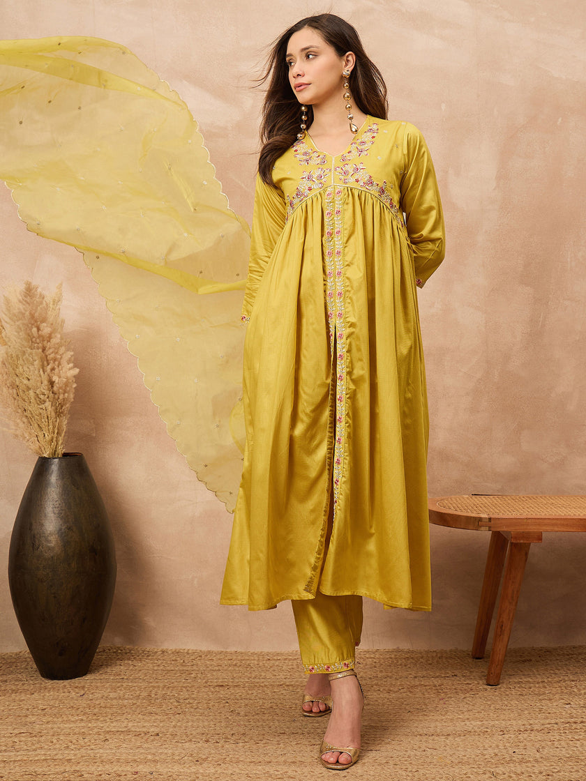 Yellow Silk Blend Solid A-Line Kurta Trouser with Dupatta