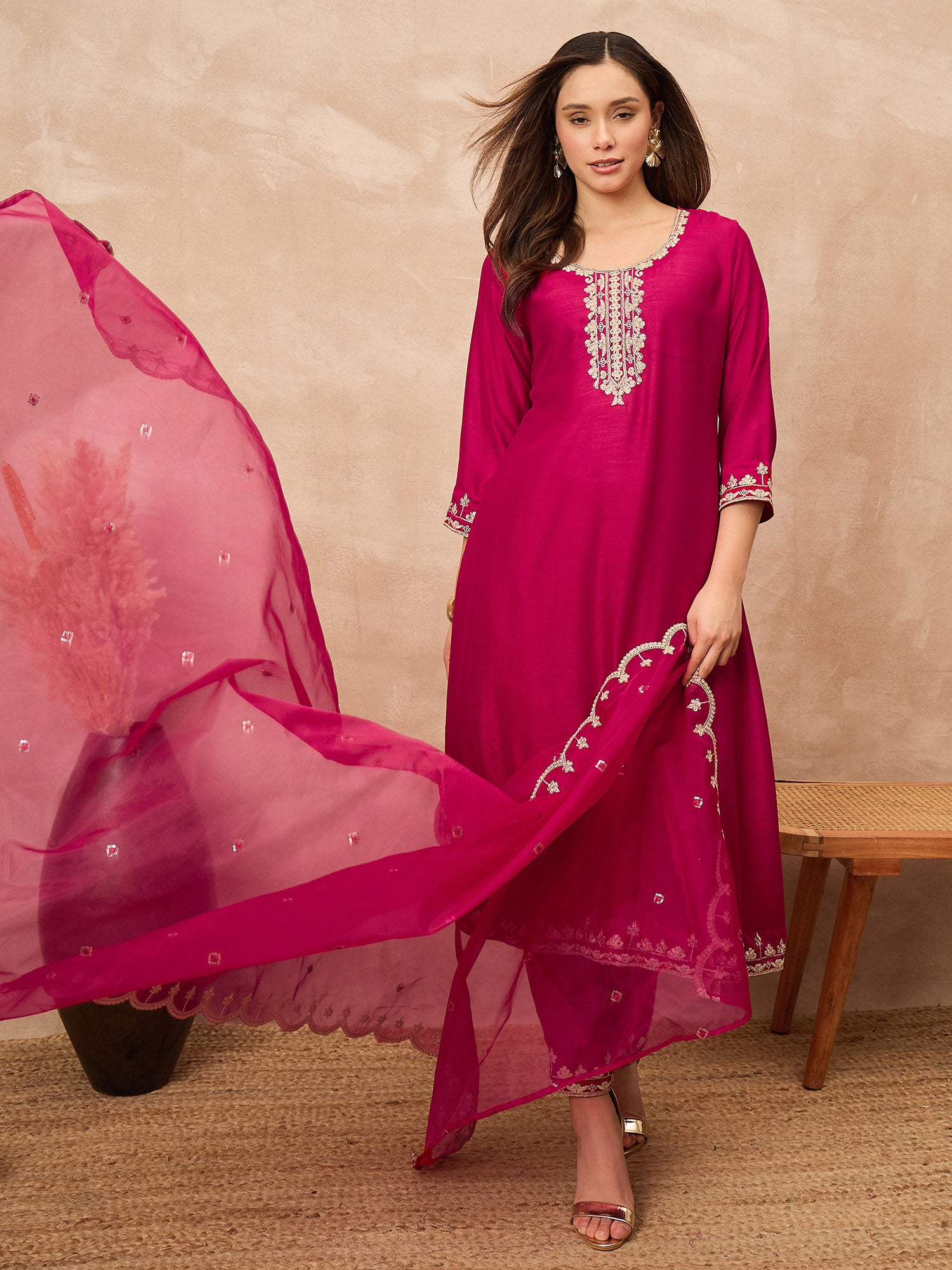 Rose Silk Blend Solid A-Line Kurta Trouser with Dupatta