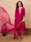 Rose Silk Blend Solid A-Line Kurta Trouser with Dupatta