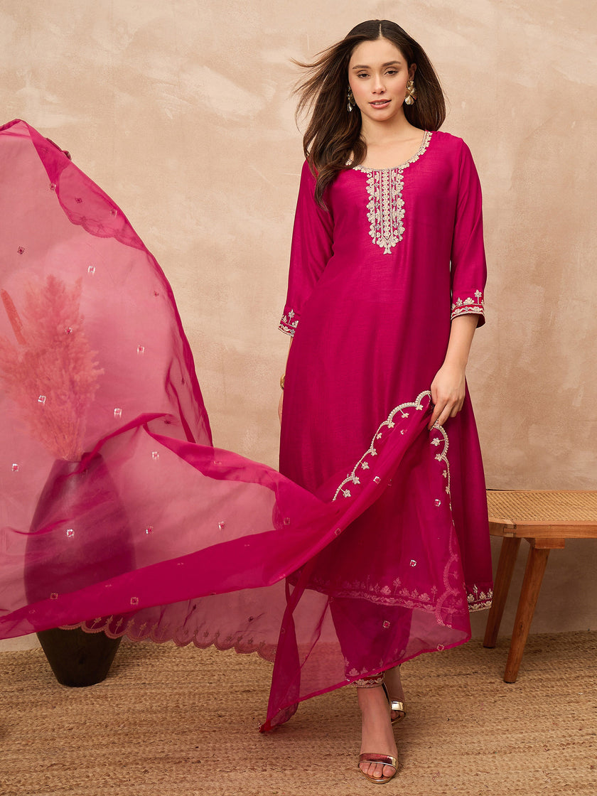 Rose Silk Blend Solid A-Line Kurta Trouser with Dupatta