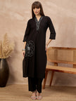 Black Pure Cotton Floral Embroidered A-Line Kurta Trouser With Dupatta