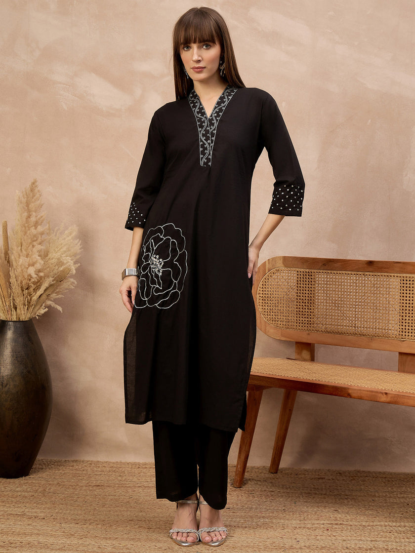 Black Pure Cotton Floral Embroidered A-Line Kurta Trouser With Dupatta