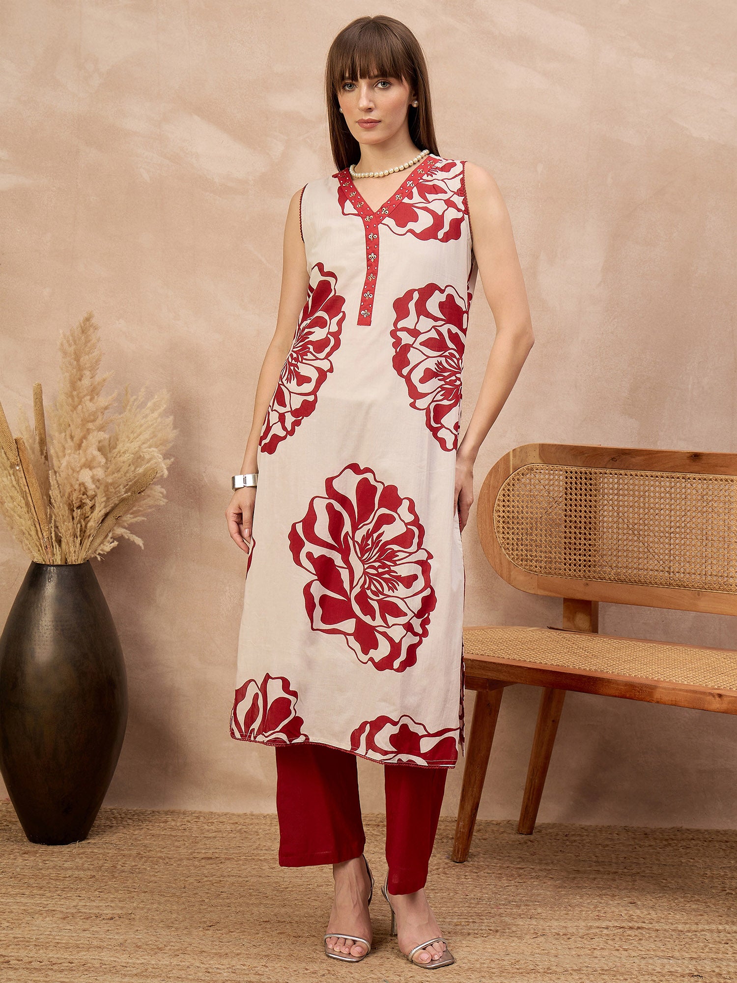 Red Pure Cotton Floral Printed A-Line Sleeveless Kurta Trouser With Dupatta