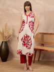 Red Pure Cotton Floral Printed A-Line Sleeveless Kurta Trouser With Dupatta
