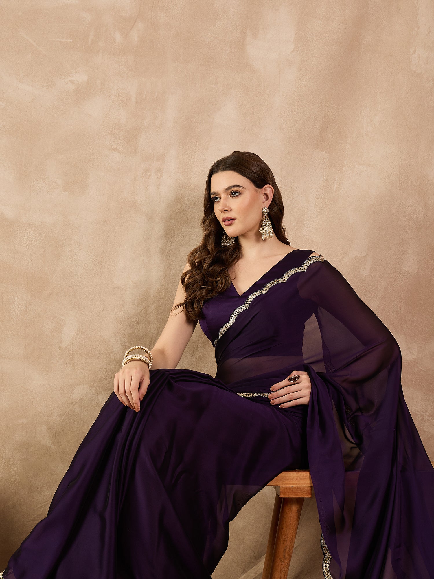 Purple Poly Chiffon Solid with Coding Border Saree with Unstitched Blouse