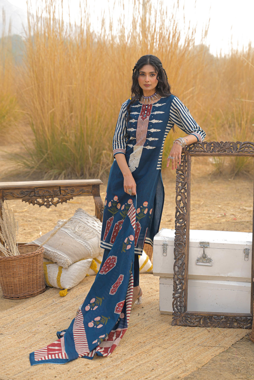 Blue Pure Cotton Ajrakh Printed A-Line Kurta Trouser With Dupatta