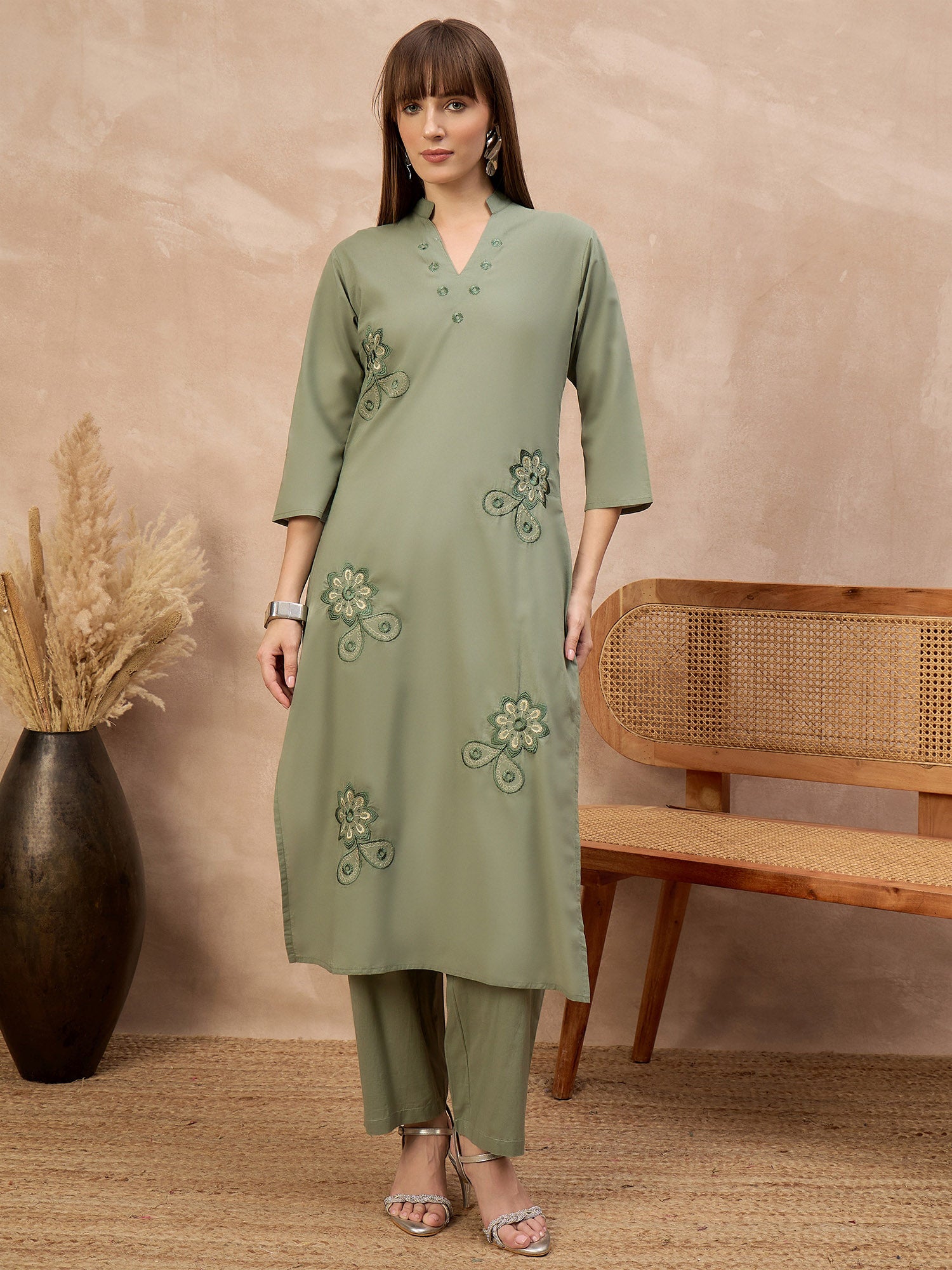 Green Pure Cotton Floral Embroidered A-Line Kurta Trouser With Dupatta