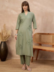 Green Pure Cotton Floral Embroidered A-Line Kurta Trouser With Dupatta