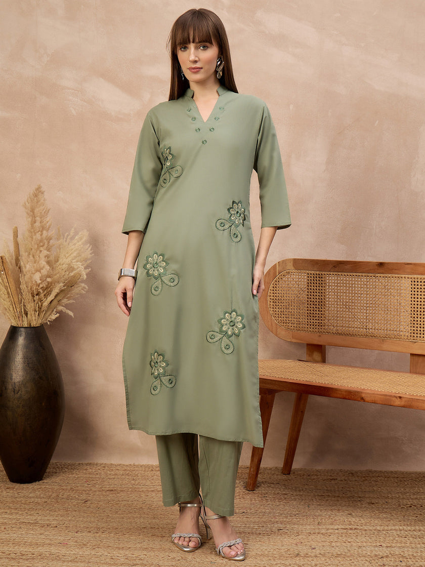 Green Pure Cotton Floral Embroidered A-Line Kurta Trouser With Dupatta