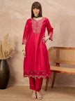 Rose Pure Cotton Beads & Stone Embroidered With Buttons A-Line Kurta Trouser With Printed Dupatta